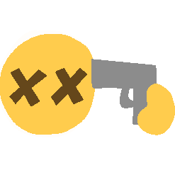 an emoji-yellow face with two x's for eyes pointing a cartoony gray gun to their head